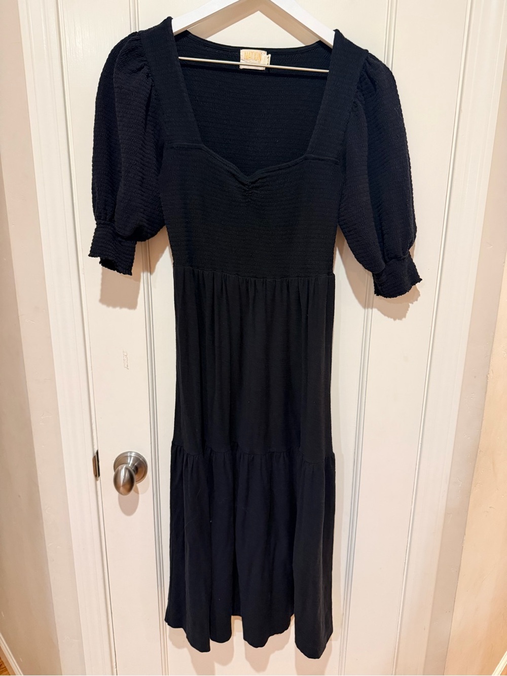 Nation LA Pima Cotton Black Square-Neck Puff Sleeve Midi Dress Small - Picture 3 of 5